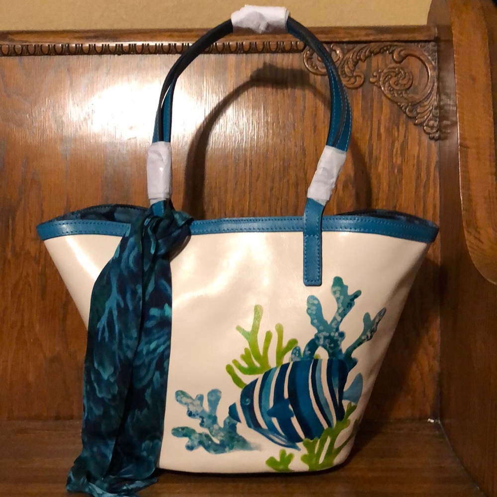 NWT-Patricia Nash-Marconia Tote w/ Scarf-Striped Fish Print-White-Turquoise-$229